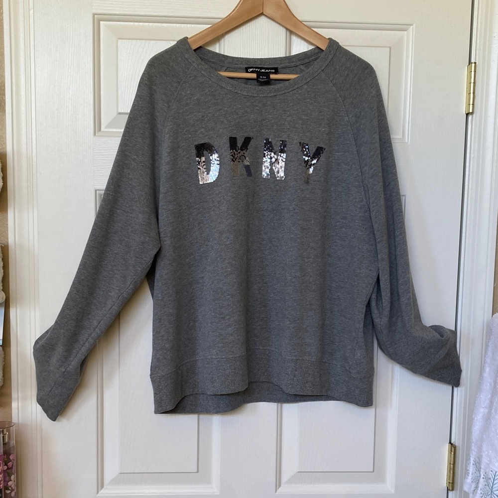 DKNY Charcoal Gray Sequin Logo Sweater